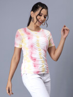 Gathered mesh tie dye pink top