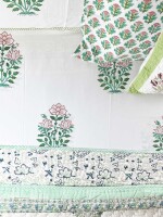 Peacoy ,King size, Elegant Hand Block Printed ,Pure Cotton,Green and pink flowers printed bed sheet