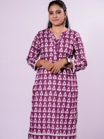 Violet solid color straight-cut silhouette kurta with V-cut neckline adorned with pearls.