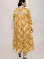 mustard floral print flared A-line stand collar kurta enhanced with lace on the collar and roll-on dori 3/4 sleeves