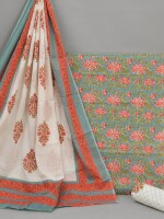 Grey floral hand printed pure cotton dress material | unstitched suit for women