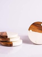 White Marble+Wood Tea/Coffee/Cocktail Handmade Coaster (Round) Set of 4 pcs for Drinks Hot & Cold, Table Decorative Cocktail Coaster