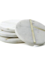 White Marble Tea/Coffee/Cocktail Coaster (Round with Brass Inlay) Set of 4 pcs for Drinks Hot & Cold, Table Decorative Cocktail Coaster