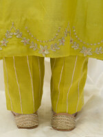 Lime Green Chanderi Silk Suit Set, with golden zari embroidery over neck and sleeves.