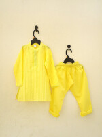 Striped yellow cotton kurta pajama for kids