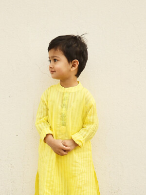 Striped yellow cotton kurta pajama for kids