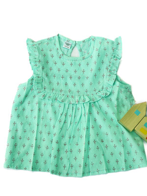 100% cotton sea green frill top for girls