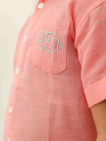 Salmon cotton round neck shirt with embroidered pocket