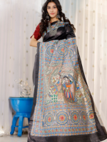 Radha krishna madhubani hand painted silk saree