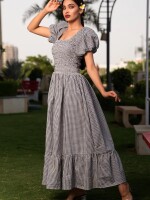 GINGHAM SMOCKED DRESS , MATERIAL FABRIC : cotton ,  COLOUR : white and grey gingham and casual / party / picnic