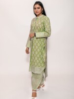 pure soft cotton pista green unusual tail-cut straight fit stand collar kurta set, paired with stripe matching Afghani pants