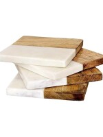 MBSC White Marble + Wood Tea/Coffee/Cocktail Coaster (Sqaure) Set of 4 pcs for Drinks Hot & Cold, Table Decorative Cocktail Coaster