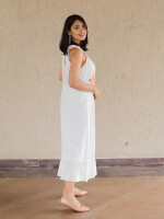 Beautifully Designed White Cotton Linen Flower Patched Dress