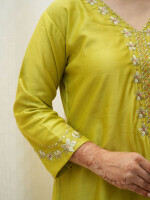 Lime Green Chanderi Silk Suit Set, with golden zari embroidery over neck and sleeves.