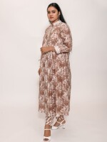 cappuccino brown floral print flared A-line stand collar kurta enhanced with lace on the collar