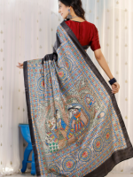 Radha krishna madhubani hand painted silk saree