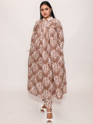 Cappuccino brown floral print flared A-line stand collar kurta Set enhanced with lace on the collar
