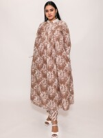 cappuccino brown floral print flared A-line stand collar kurta enhanced with lace on the collar