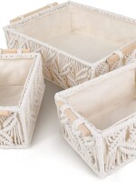 Macrame Storage Basket(Cream White, Set of 3), Decorative Hand Woven Boho Basket with Wooden Handles & Liner Cloth, Bathroom Nursery Bedroom Decor