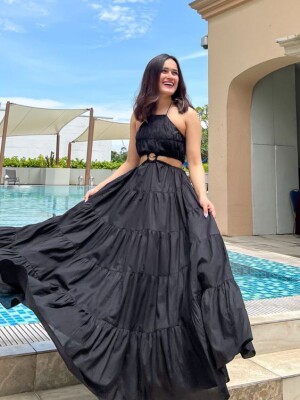 The Easy Breezy Black Flare Long Dress – a masterpiece crafted from naturally dyed pure cotton fabric