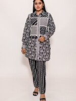 pure cotton black and white printed unusual style applic patch front button shirt style co-ord set