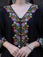 Black Silk Floral Embroidered Chanderi Suit Set, colorful silk embroidered kurta set to look traditional.