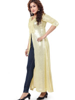 Full shimer naira cut light golden -3/4 sleeve party wear long kurta for women