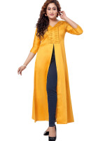 Plain deep golden jam cotton naira cut long kurta - 3/4 sleeve for women