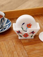 White Marble Tea/Coffee/Cocktail Coaster Round with Inlay Work Set of 6 pcs for Drinks Hot & Cold, Table Decorative Cocktail Coaster