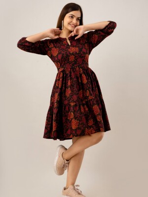 Women's Pure Cotton Designer Printed Dress-(Maroon)-DR4006MAROON