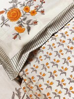 White and Yellow Floral Block Printed Cotton Double Bedsheet Set With 2 Pillow Covers - 108 inches x 108 inches