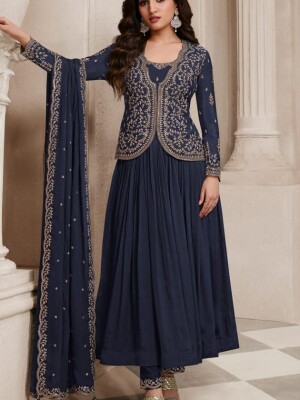 Stunning chinon kali ensemble with dupatta and embroidered bottom readymade suit