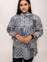 pure soft cotton grey top length 3-button stand collar short kurti ,practical and stylish