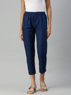 Navy blue polyester fit 100% cotton pant/trouser for women