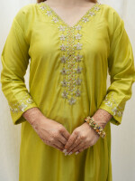 Lime Green Chanderi Silk Suit Set, with golden zari embroidery over neck and sleeves.