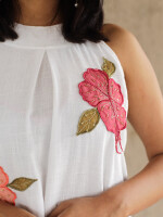 Beautifully Designed White Cotton Linen Flower Patched Dress