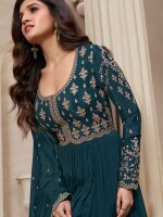 Stylish embroidered chinon kali ensemble with dupatta and embroidered bottom readymade suit