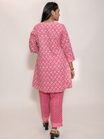 Cotton Katha work hot pink Printed A-line Co-ord Set with matching yoke patch and mirror work lace broader
