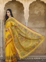 Yellow madhubani hand-painted pure linen saree