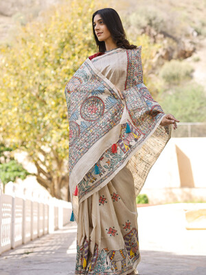 Beautiful hand painted madhubani tussar silk saree