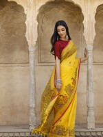 Yellow madhubani hand-painted pure linen saree