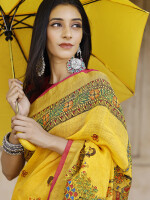 Yellow madhubani hand-painted pure linen saree