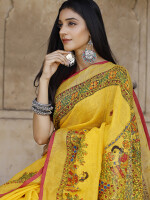 Yellow madhubani hand-painted pure linen saree