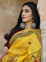 Yellow madhubani hand-painted pure linen saree