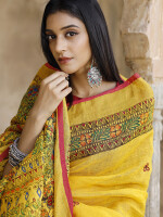 Yellow madhubani hand-painted pure linen saree