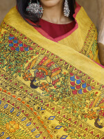 Yellow madhubani hand-painted pure linen saree