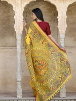 Yellow madhubani hand-painted pure linen saree