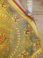 Yellow madhubani hand-painted pure linen saree