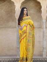 Yellow madhubani hand-painted pure linen saree