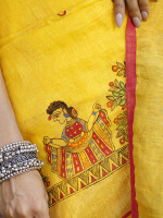 Yellow madhubani hand-painted pure linen saree